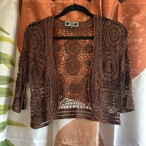 Vintage Lace Crochet Shimmer Brown Shrug Cardigan Y2K